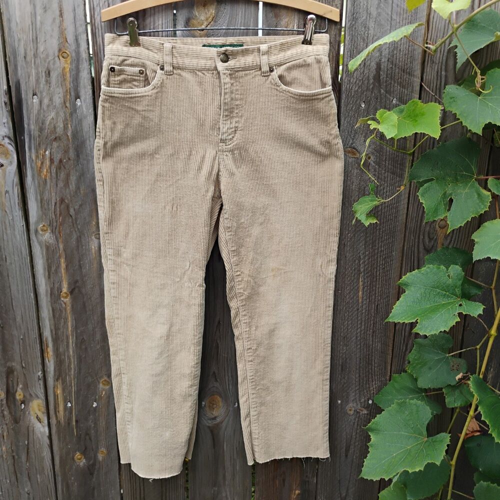 90s Lauren Ralph Lauren Wide Corduroy Pants Size 6 Beige Cropped Cut Off Capris